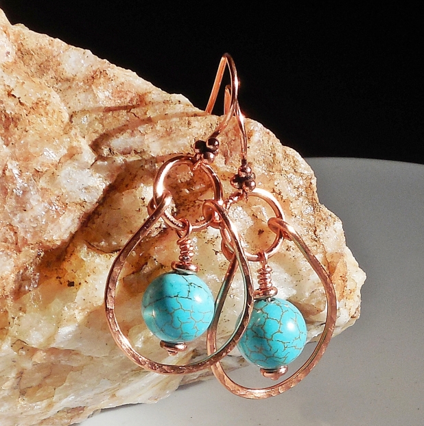 Forged copper and turquoise earrings