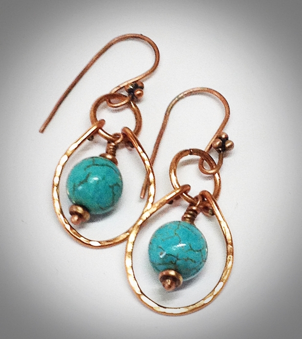 Forged copper and turquoise earrings