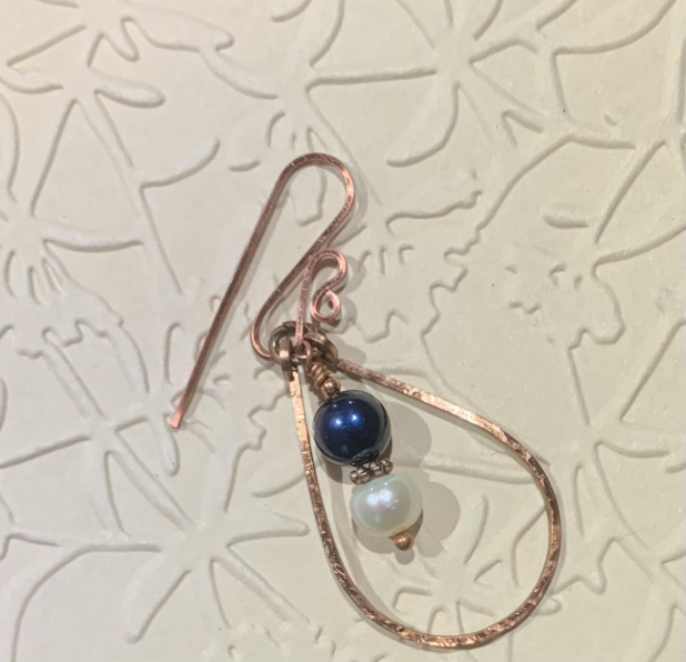 Coppery Pearl & Lapis Earrings, Ornate Copper Beads & Wire Wrap Coil